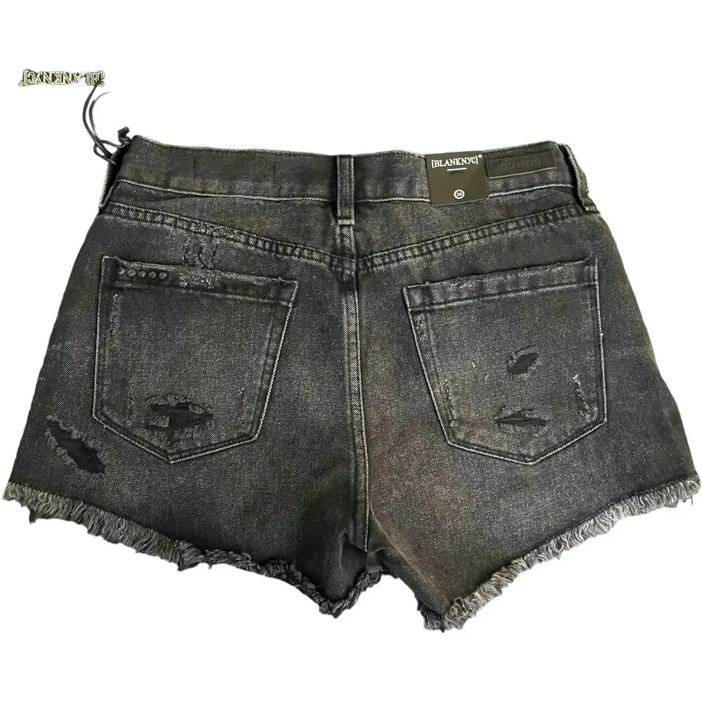 Blank NYC Shorts Womens 26 Washed Black Distressed Denim Mid Rise Button Fly NWT - Picture 2 of 16